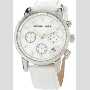 MK5049 White Leather Round Chronograph Watch